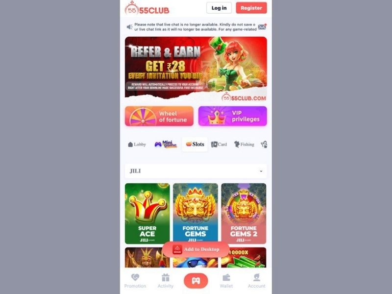 Откройте игровую платформу 55 Club
